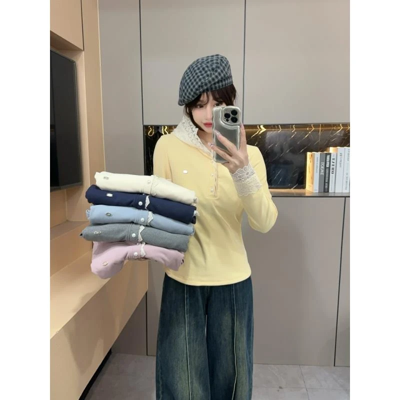 小雅姐姐  【白月光】韩系蕾丝珍珠扣设计感连帽长袖打底T恤衫IJ20