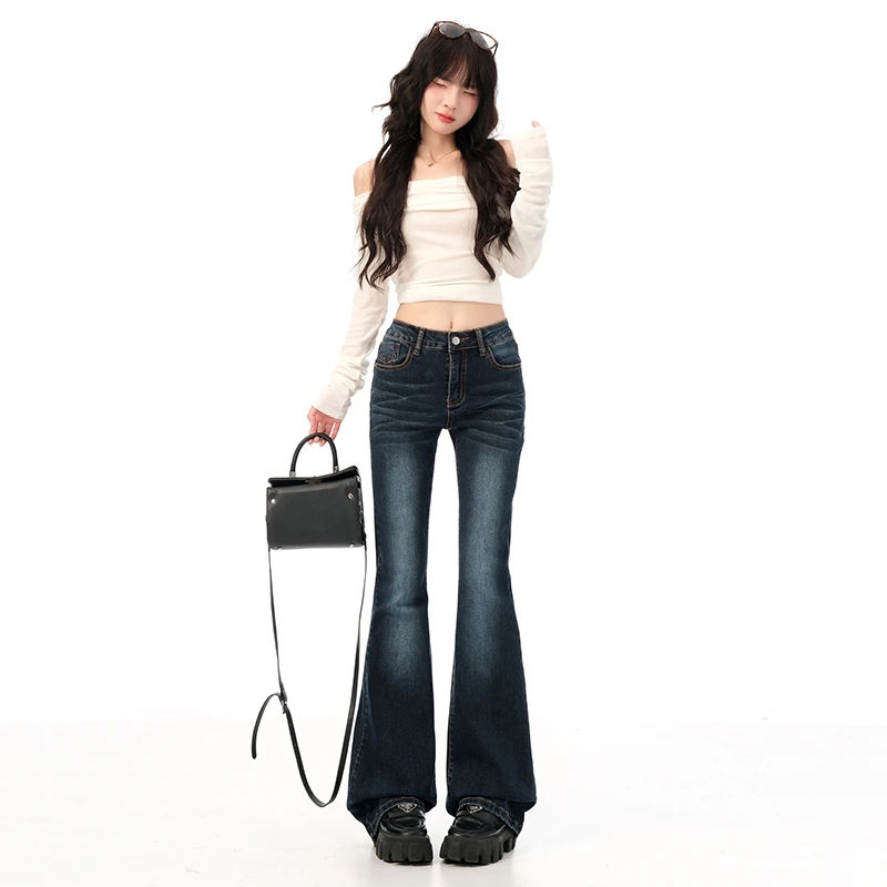 蓝灰色弹力修身喇叭裤美式复古秋冬中高腰显瘦显高微喇牛仔裤子女