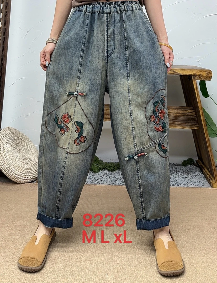 新款8226扇面刺绣薄款牛仔裤哈伦八分春夏时尚高腰百搭