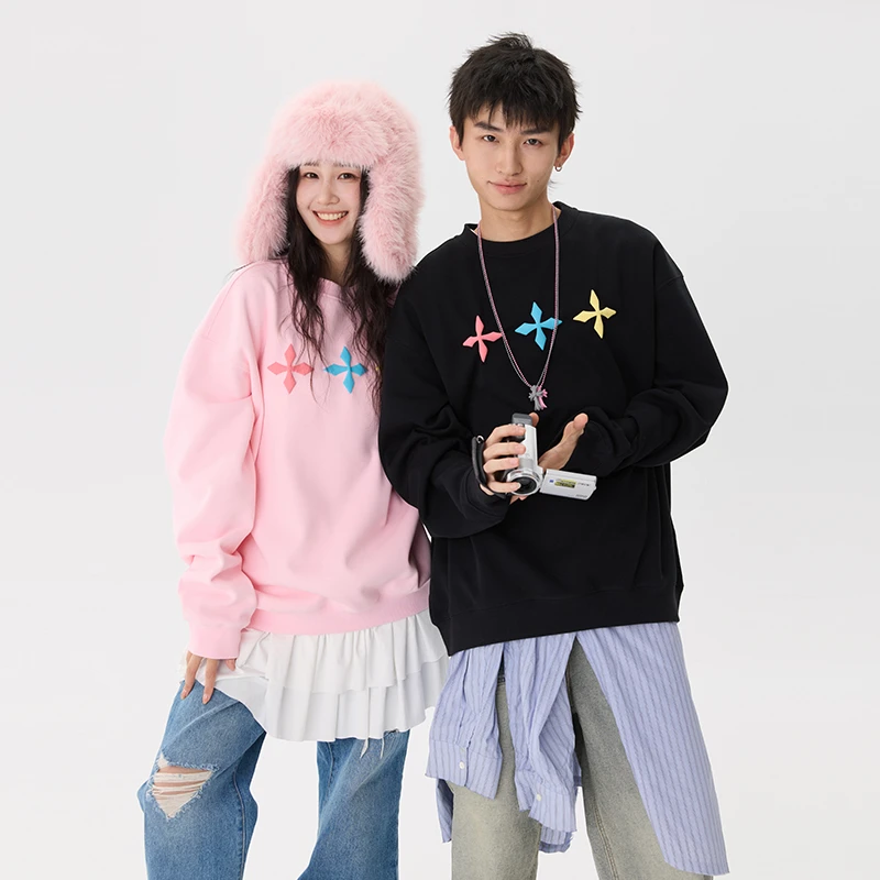 加绒圆领套头卫衣2025春秋新款印花宽松男女情侣甜酷休闲上衣