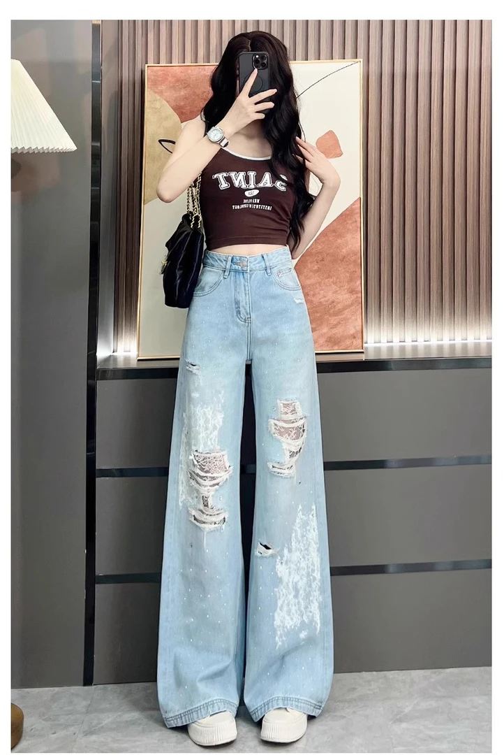 纯欲辣妹蕾丝微透小衫2025夏季新款重工烫钻做旧破洞阔腿牛仔裤女