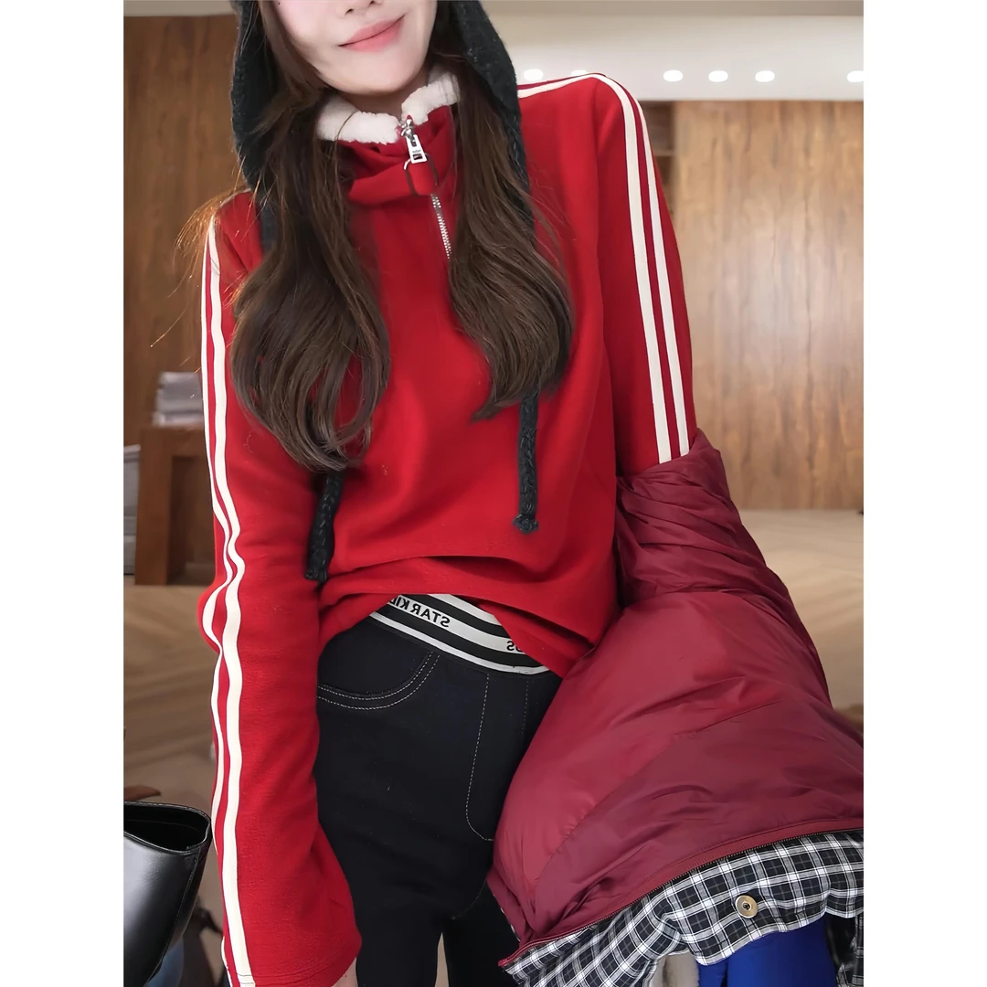 红色半拉链加厚加绒卫衣女士2025秋冬新款显瘦立领保暖打底衫上衣