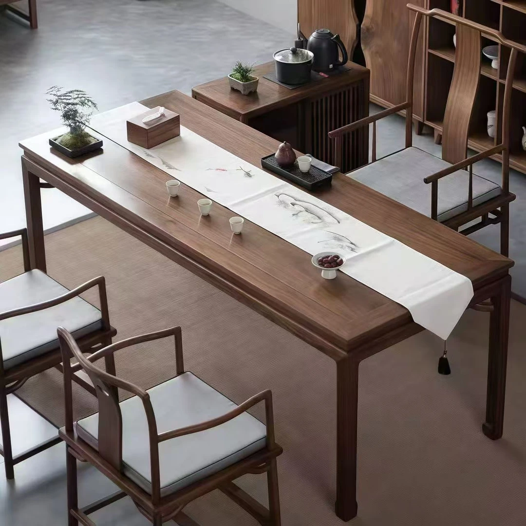 北方榆木书桌茶桌博古架组合搭配