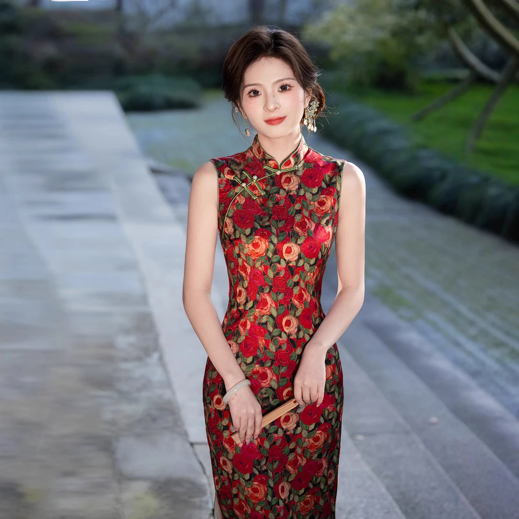 复古修身显瘦气质时尚中式印花无袖中国风大码少女民族风花影玫韵