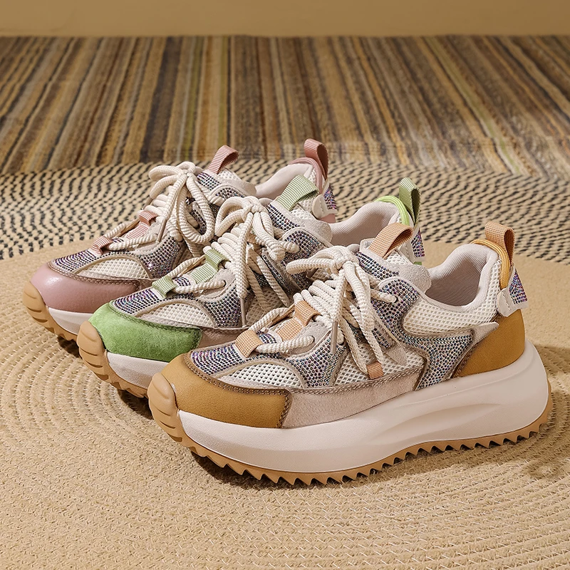 网面透气运动休闲厚底老爹鞋春夏新款女款红色烫钻运动鞋9536