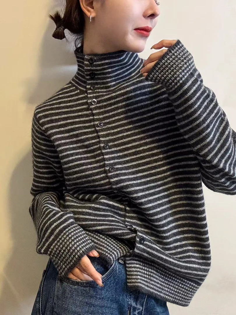 玉姐家韩系百搭减龄撞色条纹针织开衫外套f1900 J6371