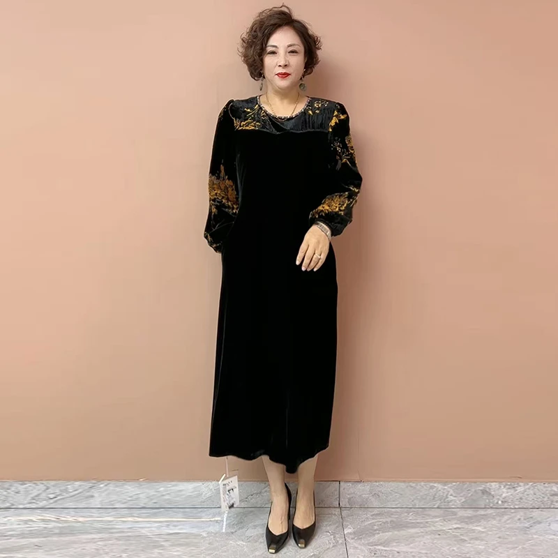 H秋季新款高档丝绒连衣裙时尚妈妈秋装新款大码遮肚显瘦气质长裙