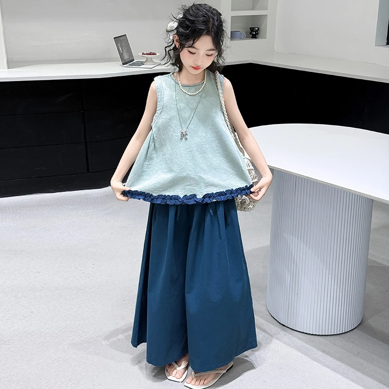 女孩花边牛仔上衣套装2025夏季新款洋气中大童水洗棉阔腿裤两件套