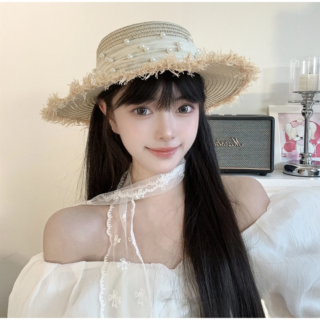 法式珍珠百搭高颜值编织草帽女夏季网红太阳帽大檐帽遮阳防晒帽子