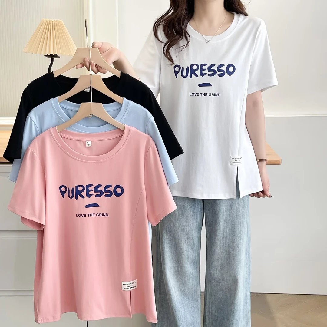 夏季微胖显瘦甜美可爱减龄宽松圆领短袖开衩大码女装t恤衫上衣潮