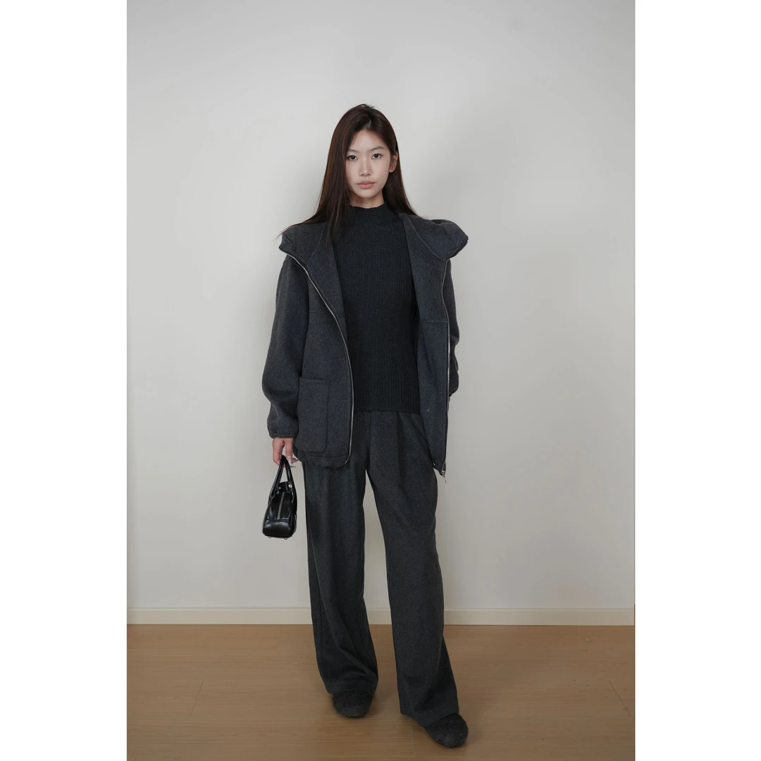 拉链休闲双面羊毛大衣时尚连帽加厚宽松