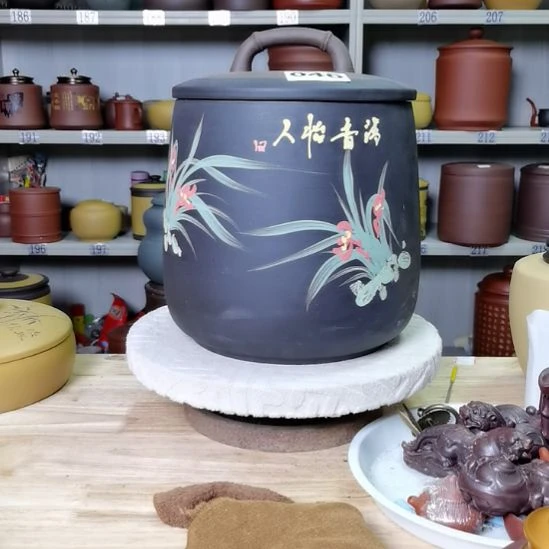 紫砂茶叶罐处理石瓢兰花茶叶罐046