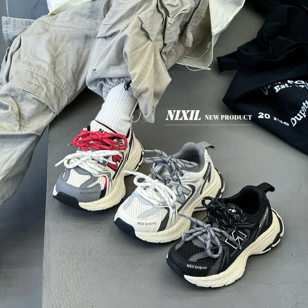 2025春季新款儿童运动鞋时尚潮流N字双系带男女童老爹鞋轻便跑鞋