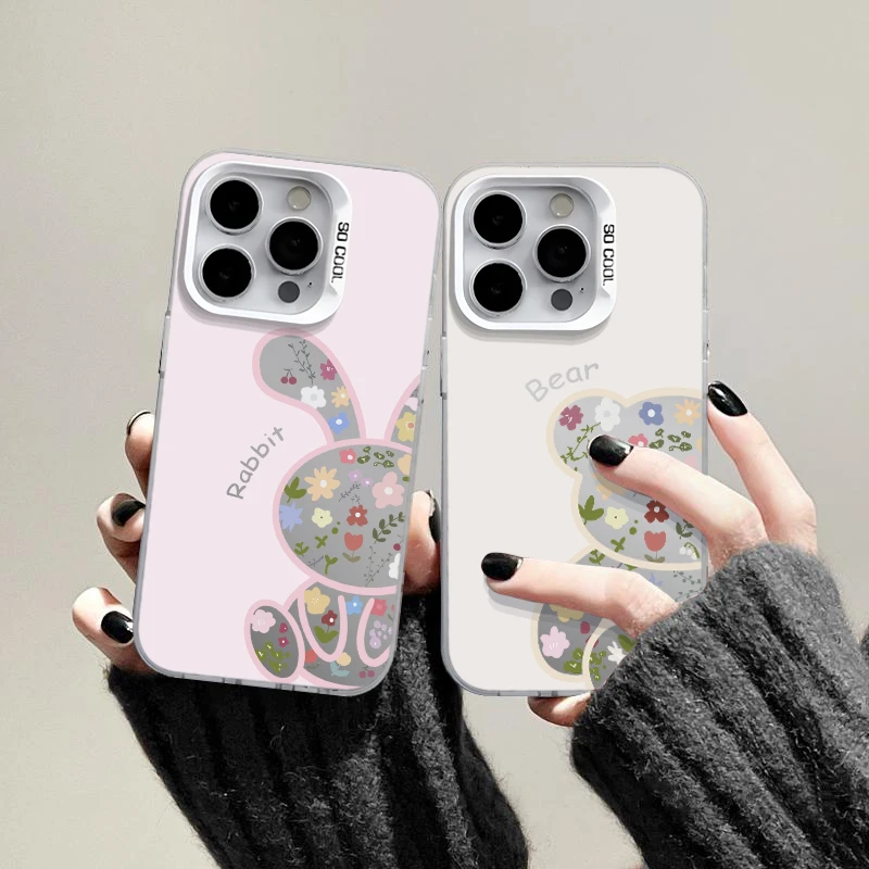 适用碎花粉兔子小熊苹果16p/15promax彩银手机壳华为oppo小米vivo