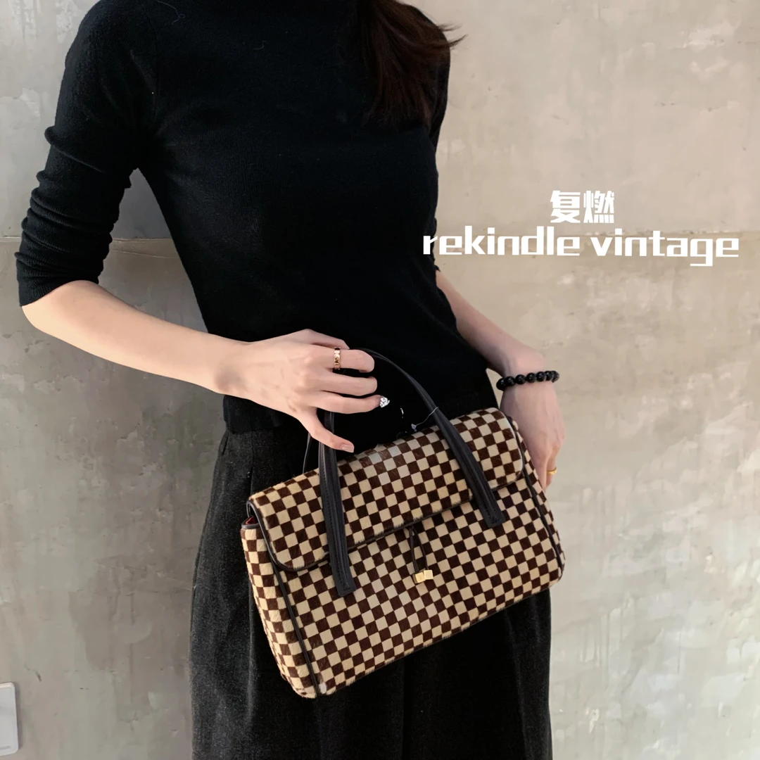 95新 LouisVuitton/路易威登 复燃精选/LV棕棋盘格马毛翻盖手提包
