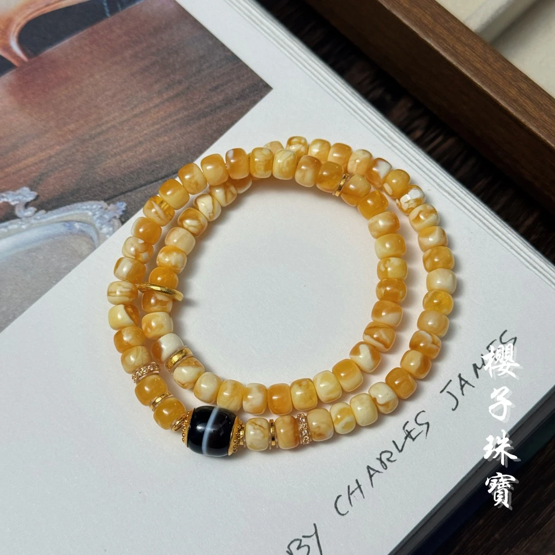 樱子 | 亦明 18K金瓷白蜜蜡古珠虎牙时尚设计双圈手串*YZMLS3697