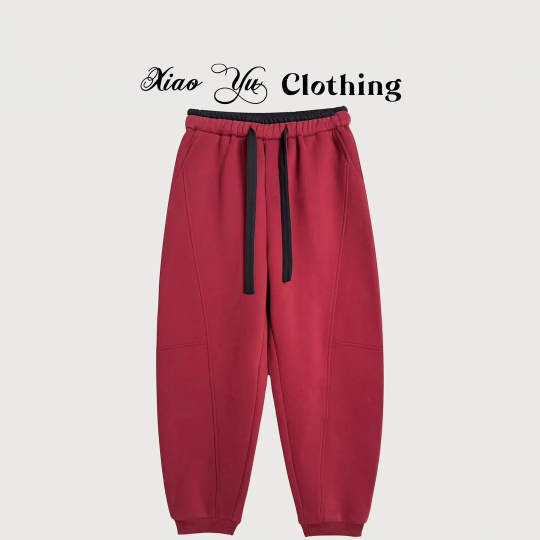 『小宇』xy-7289秋冬季加绒加厚弯刀款双拼设计时尚宽松版休闲裤子