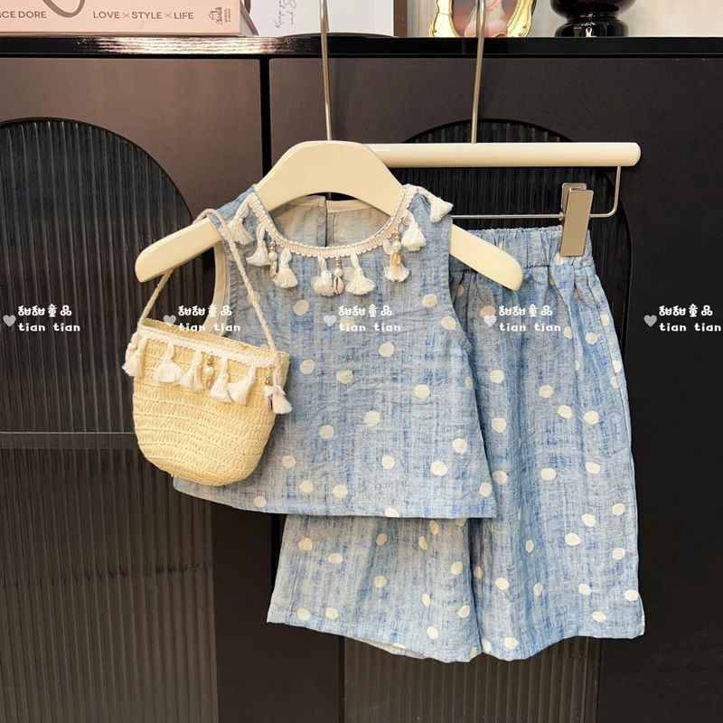 【甜甜baby】潮童女宝流苏波点背心上衣阔腿裤套装女童洋气两件套韩