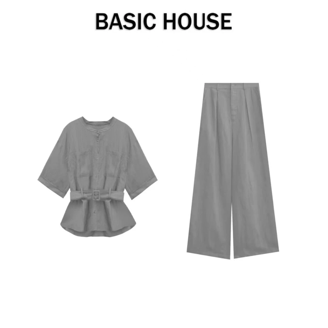 Basic House/百家好HS夏秋新款高级感收腰系带衬衣时尚阔腿裤套装