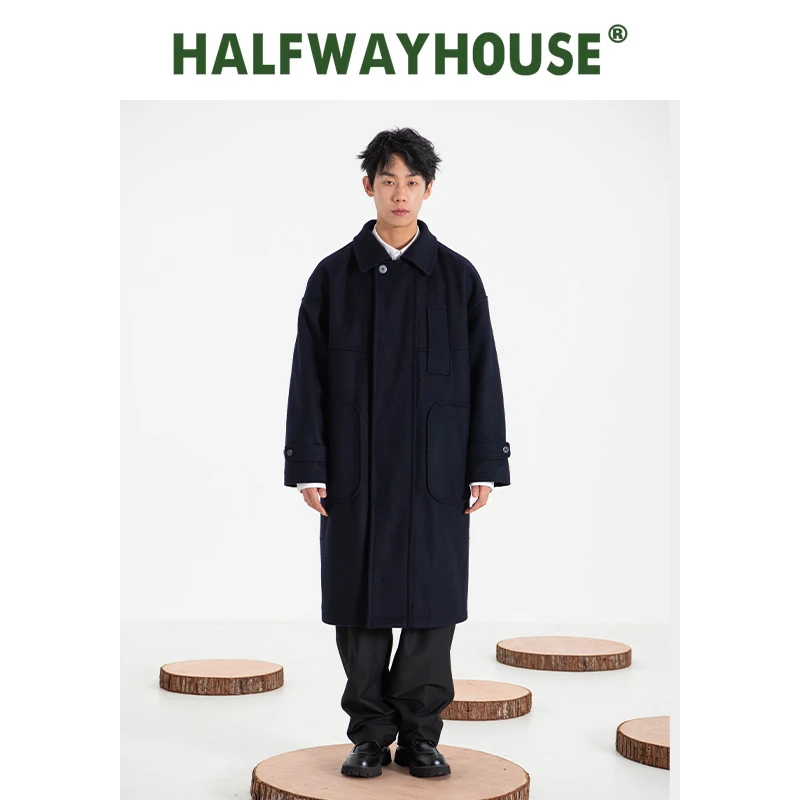 HalfwayHouse原创设计日系秋冬新款翻领百搭长款羊毛大衣男