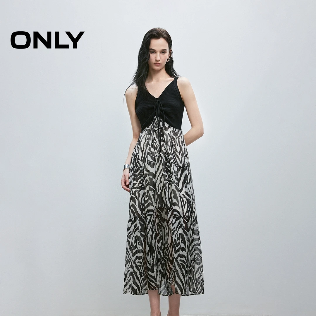 ONLY2025春季新款优雅气质拼接V领显瘦中长裙连衣裙女|125107070