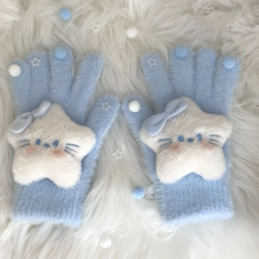 新款蓝色系蝴蝶结星星kt手套冬季保暖甜美可爱卡通学生骑行仿寒HR