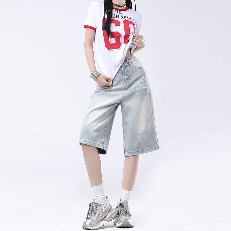 美式复古水洗高腰宽松阔腿裤女夏季新款百搭磨破破洞直筒牛仔裤