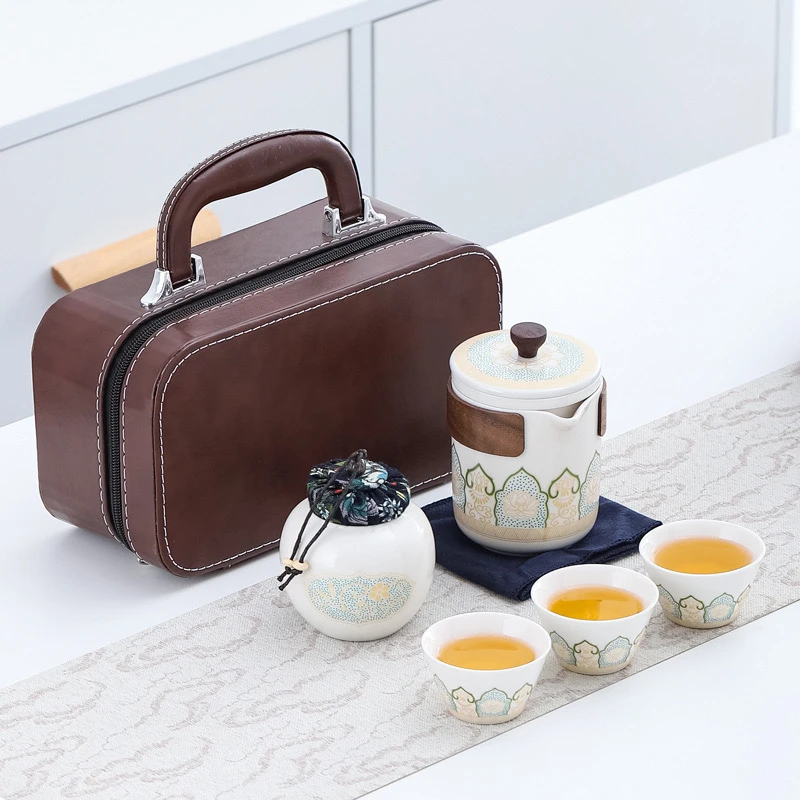 国潮藏白古韵/一壶三杯带茶叶罐车载户外便携式陶瓷茶具防烫白瓷