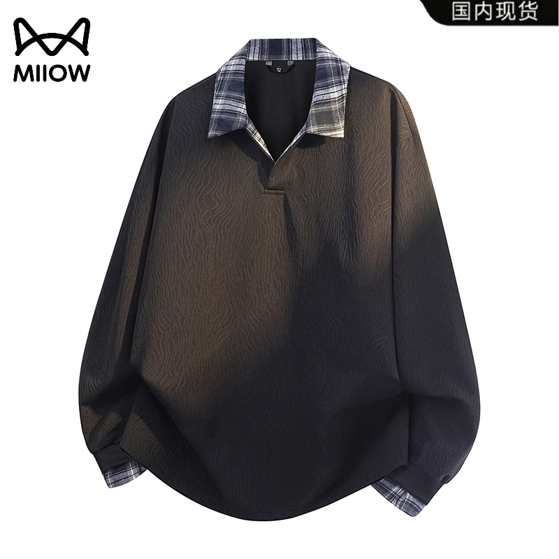 猫人卫衣肌理感假两件长袖衬衫领打底衫男士小众设计慵懒风针织衫