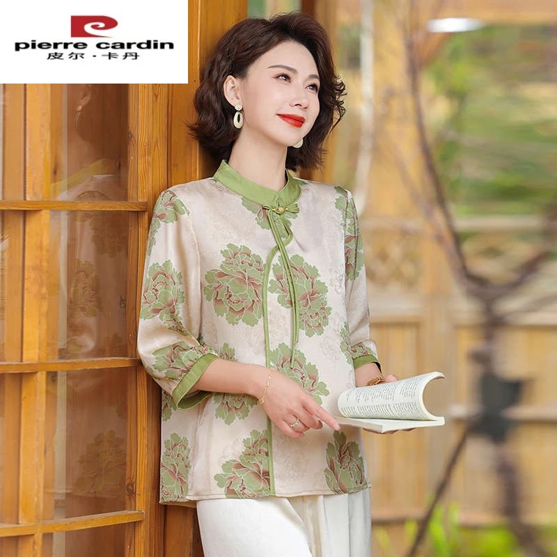 皮尔卡丹妈妈夏装国风七分袖衬衫女遮肚子洋气中老年新中式提花上