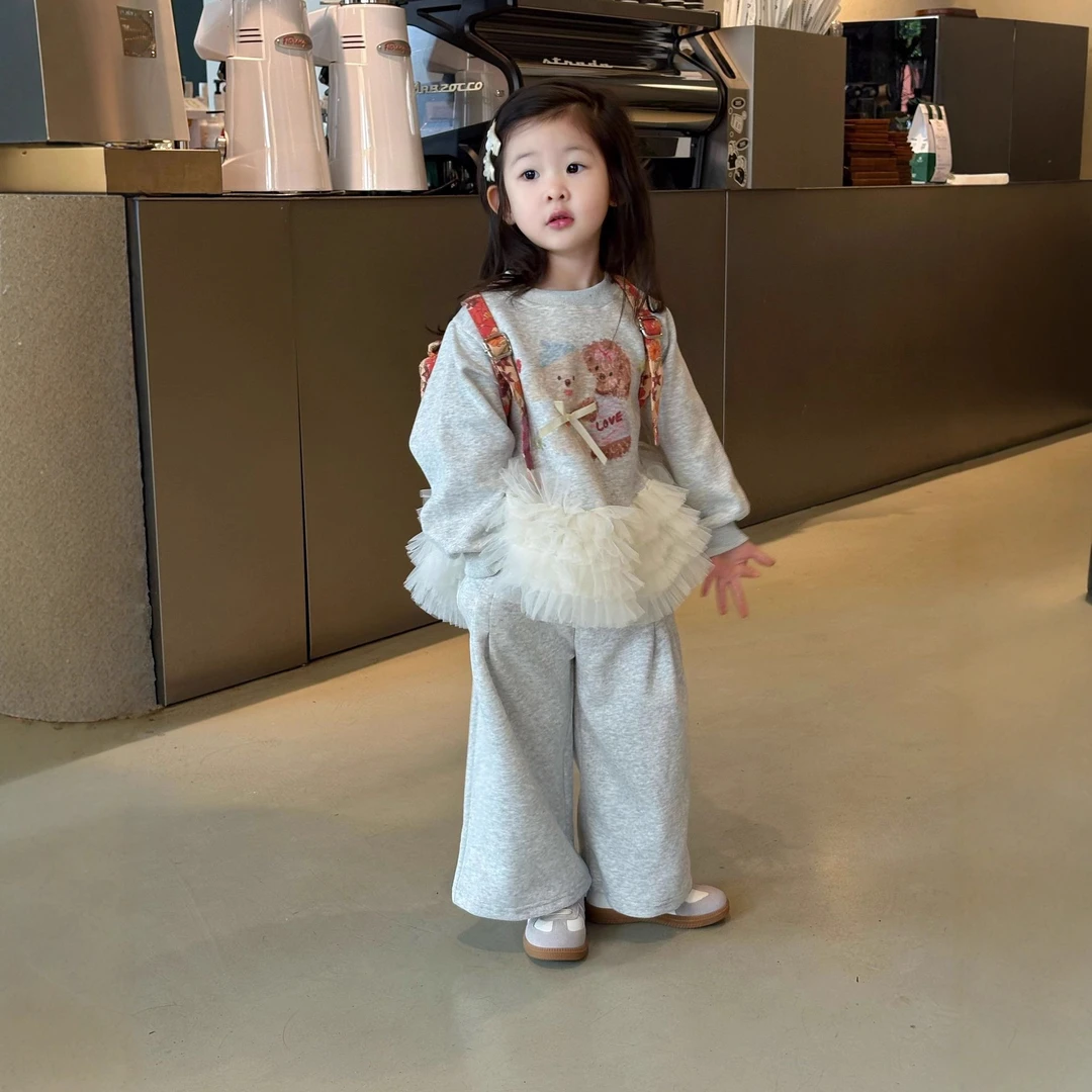 女童秋装套装2025新款韩版童装设计感花边长袖T恤上衣裤子两件套