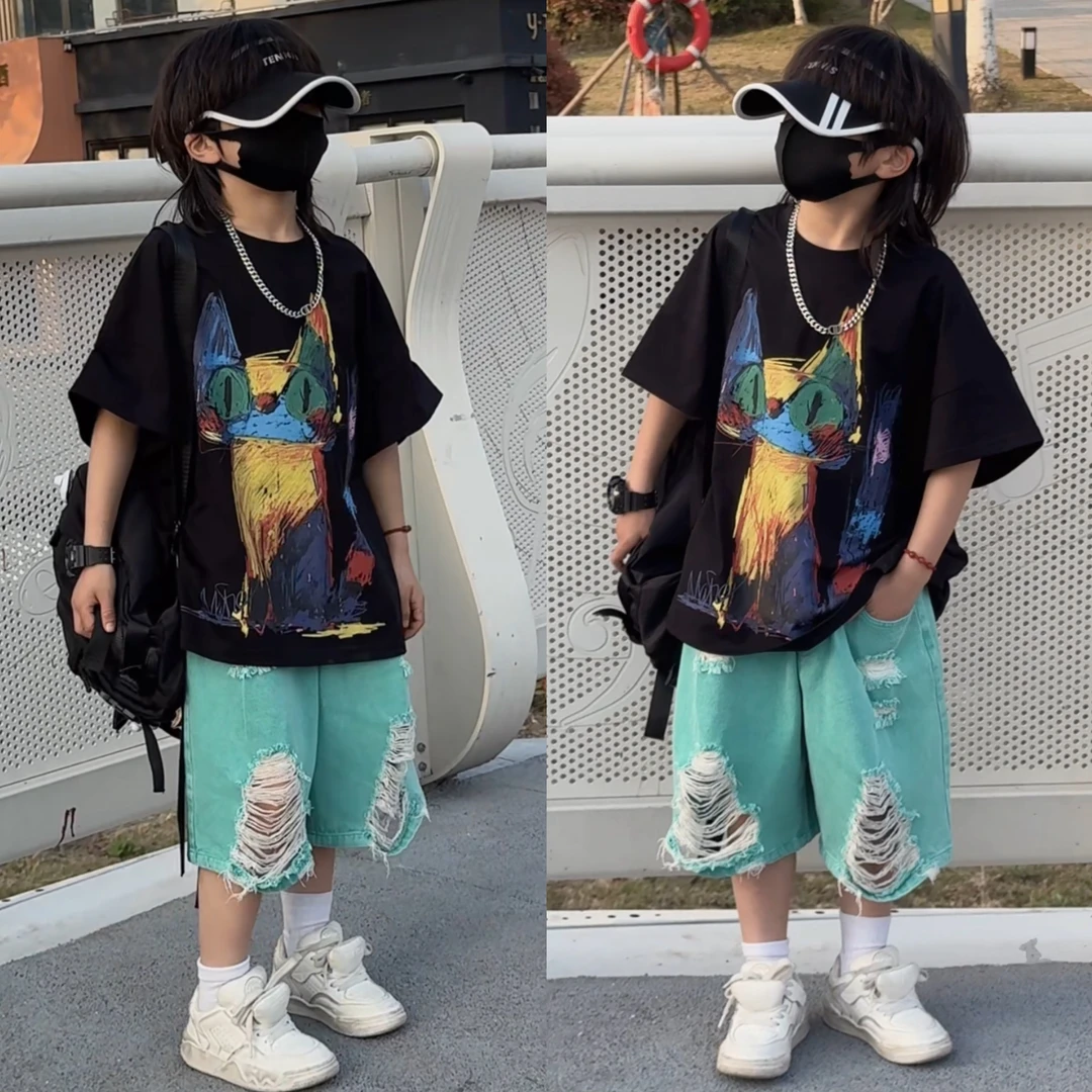 乐乐家儿童新款夏季短袖中大童卡通猫印花百搭宽松炸街T恤