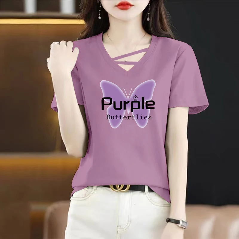 冰瓷棉短袖T恤女夏季新款韩版宽松大码休闲时尚v领体恤衫潮ins女