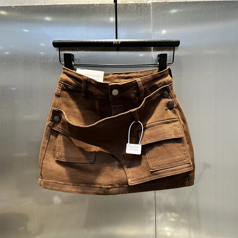 咖色不规则拼接水洗牛仔短裙女2025年秋季新款小众设计感半身裙潮