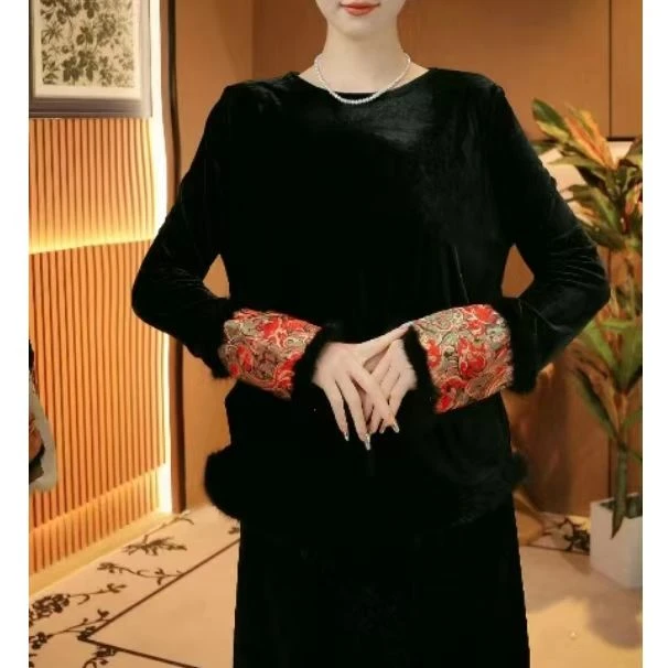 (玉锦绣)毛袖口秋冬新中式女国风刺绣袖口百搭上衣2024d8113越越