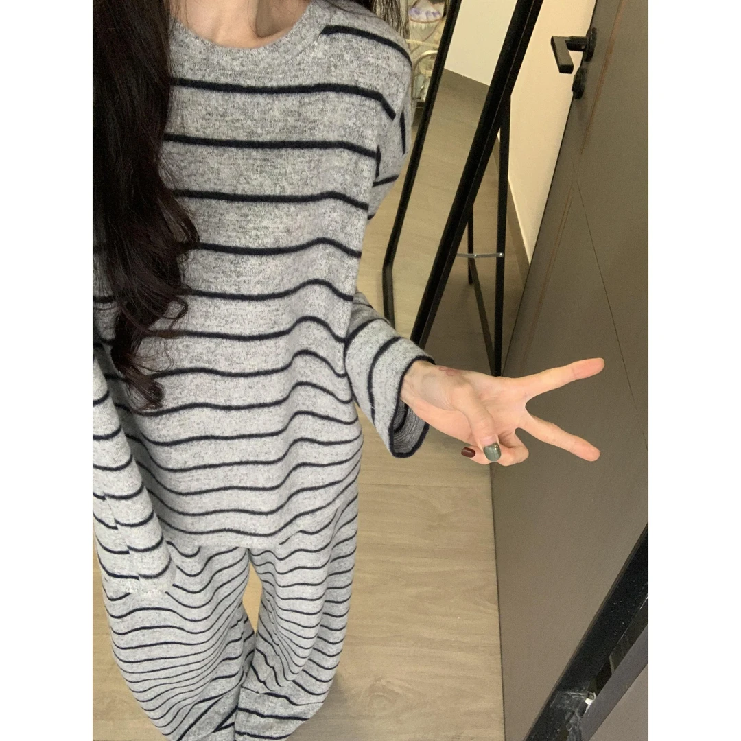 韩系条纹设计感德绒睡衣女款秋季大码舒适加厚家居服套装可外穿