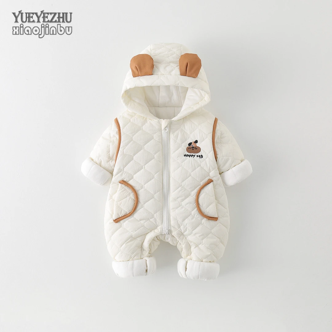 婴儿绗棉衣服秋冬连帽外套男宝宝薄棉连体衣深秋韩版卡通哈衣爬服