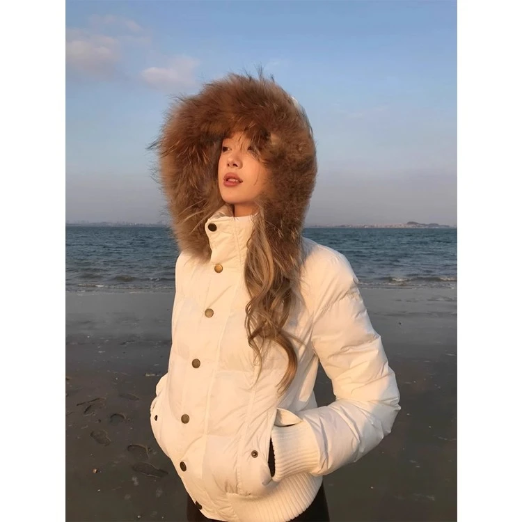 白色大毛领羽绒棉服女短款2025年冬季新款宽松加厚连帽面包服外套