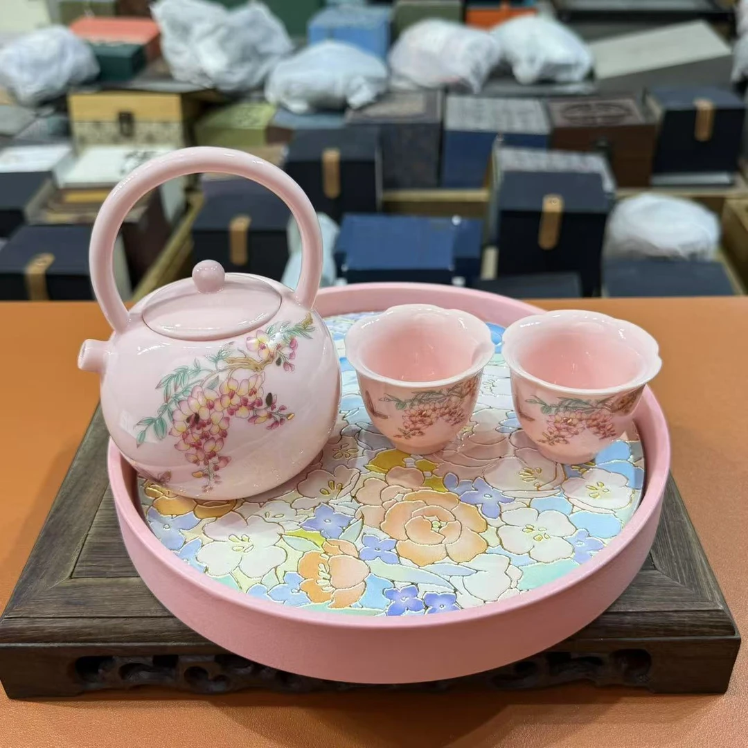 粉色提梁茶壶加俩杯加茶盘 LL063