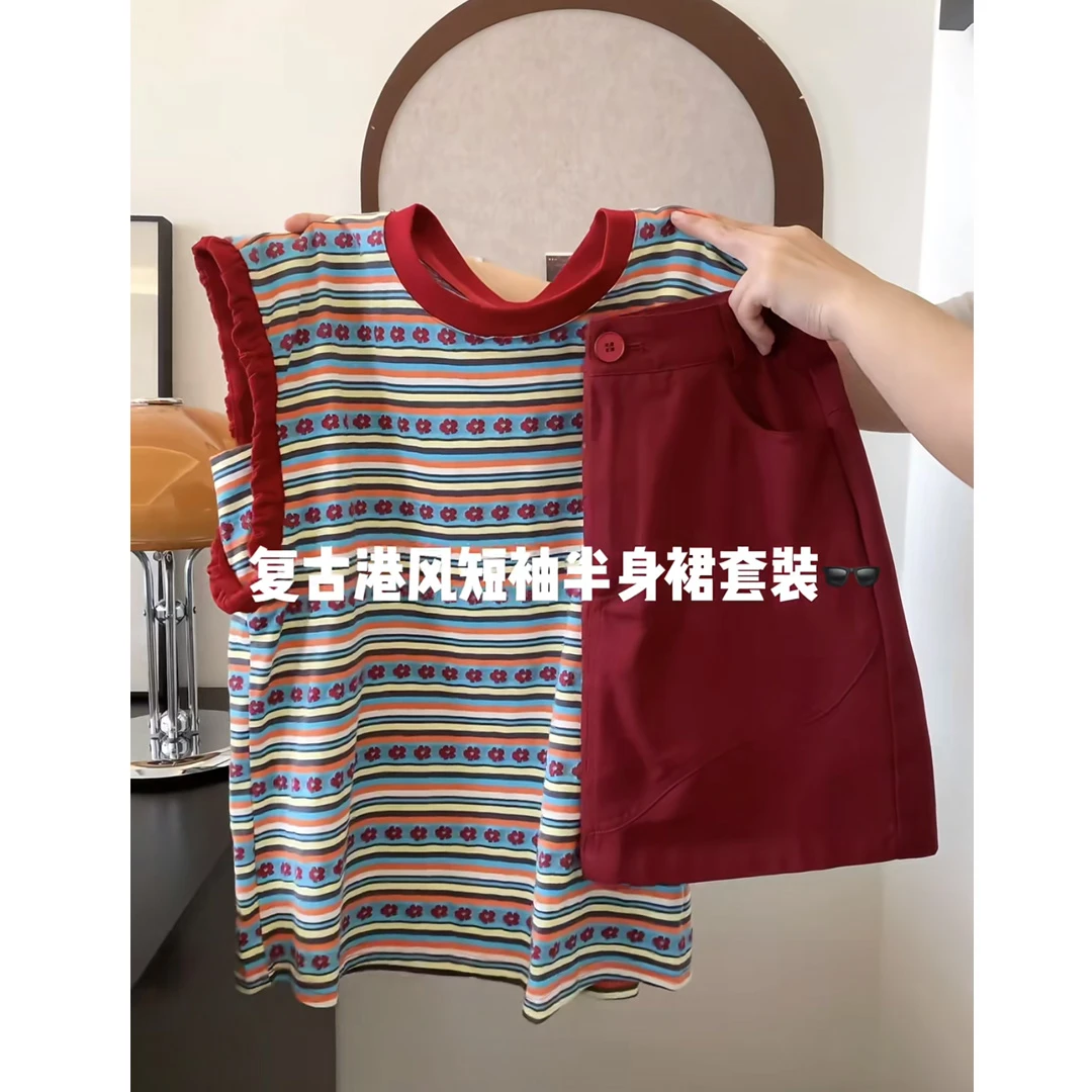 夏季温柔系穿搭女2025新款韩版潮流印花短袖显瘦简约半身裙两件套