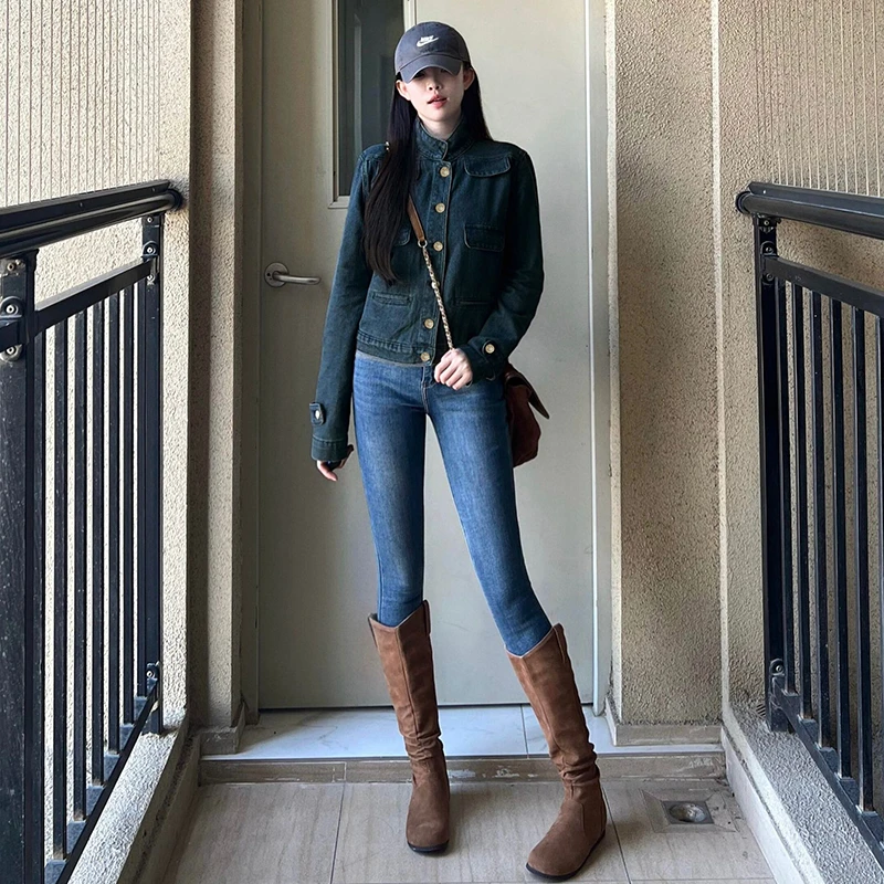 网红酷飒深蓝色牛仔外套女春秋立领单排扣时尚休闲日常百搭上衣潮