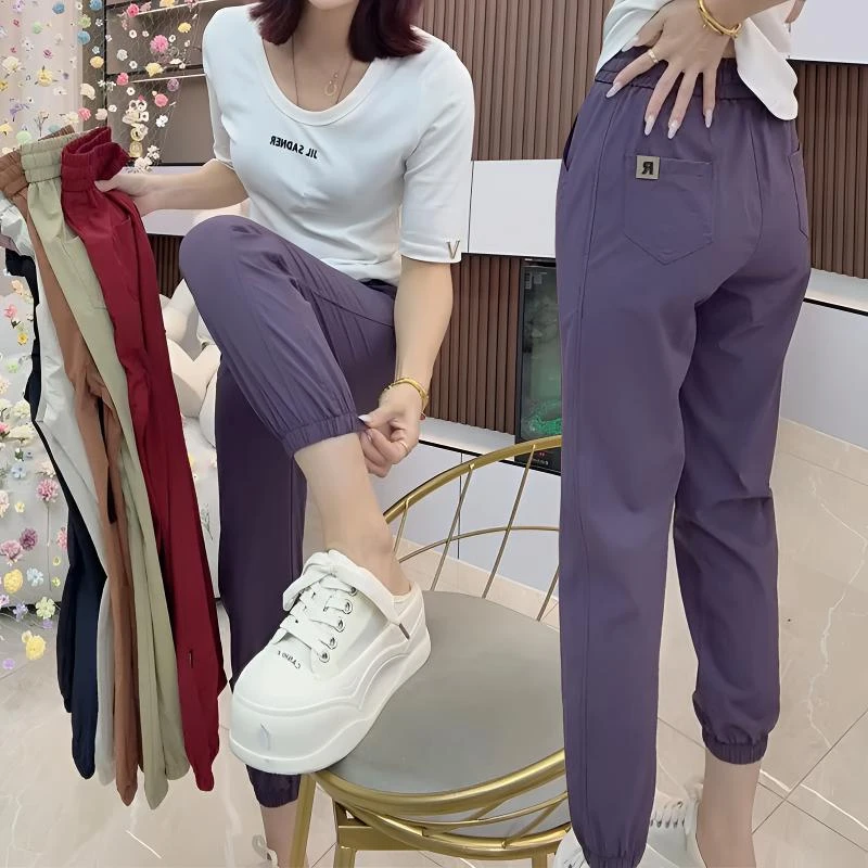 夏季薄款清凉抗皱休闲裤女高腰弹力透气百搭显瘦小个子八分运动裤