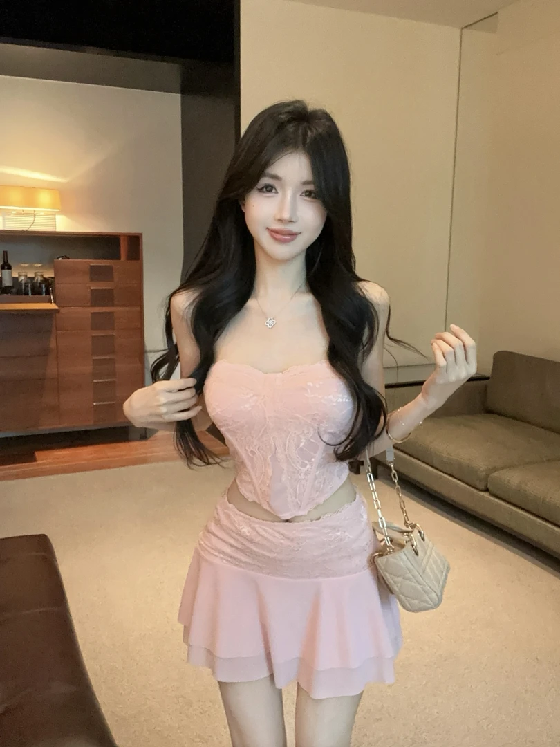 粉色辣妹半透蕾丝鱼骨抹胸上衣女2025新款双层网纱半身裙两件套装