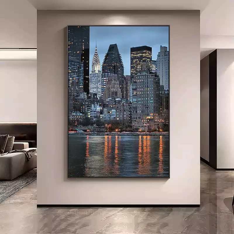 现代简约客厅风景装饰画沙发背景墙城市夜景挂画高级感玄关画竖版