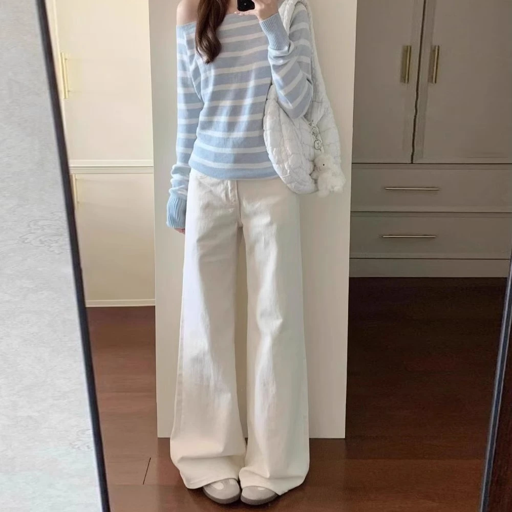 白色高腰直筒显瘦牛仔裤女夏薄款梨形身材休闲百搭宽松阔腿拖地裤