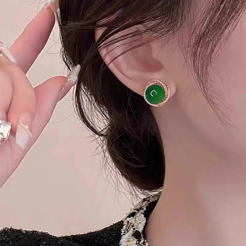铜合金耳饰绿色新中式绿玛瑙无耳洞耳夹
