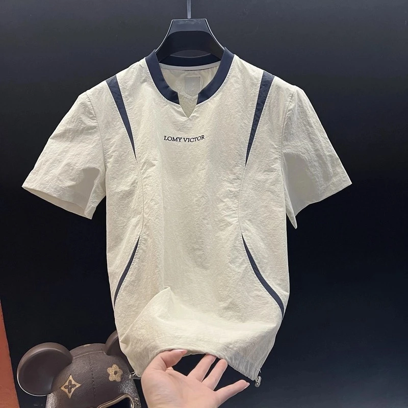 欧货轻奢大牌高定男装上衣2025夏季新款设计感字母撞色宽松体恤潮