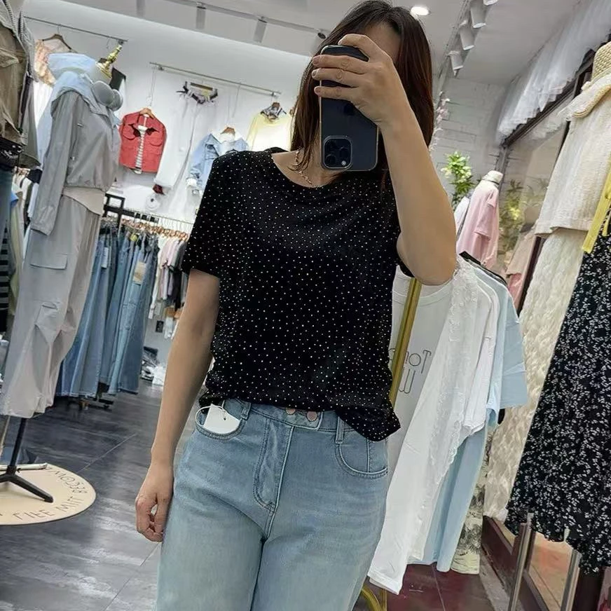 夏新品个性重工艺亮钻植绒工艺短袖T袖打底衫显瘦设计高档上衣女