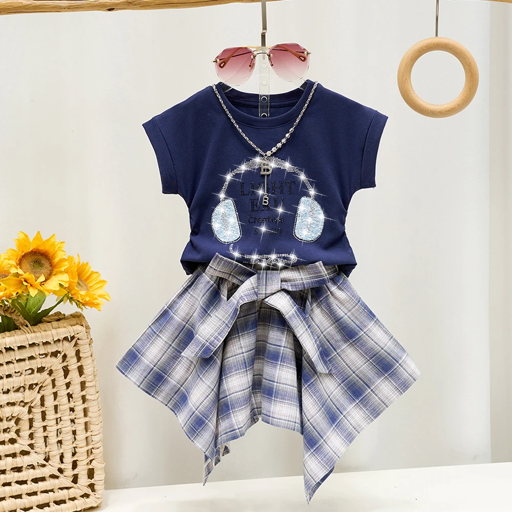 亲子装夏季新款女童时尚短袖T恤格子 半身裙母女装不规则格子短裙