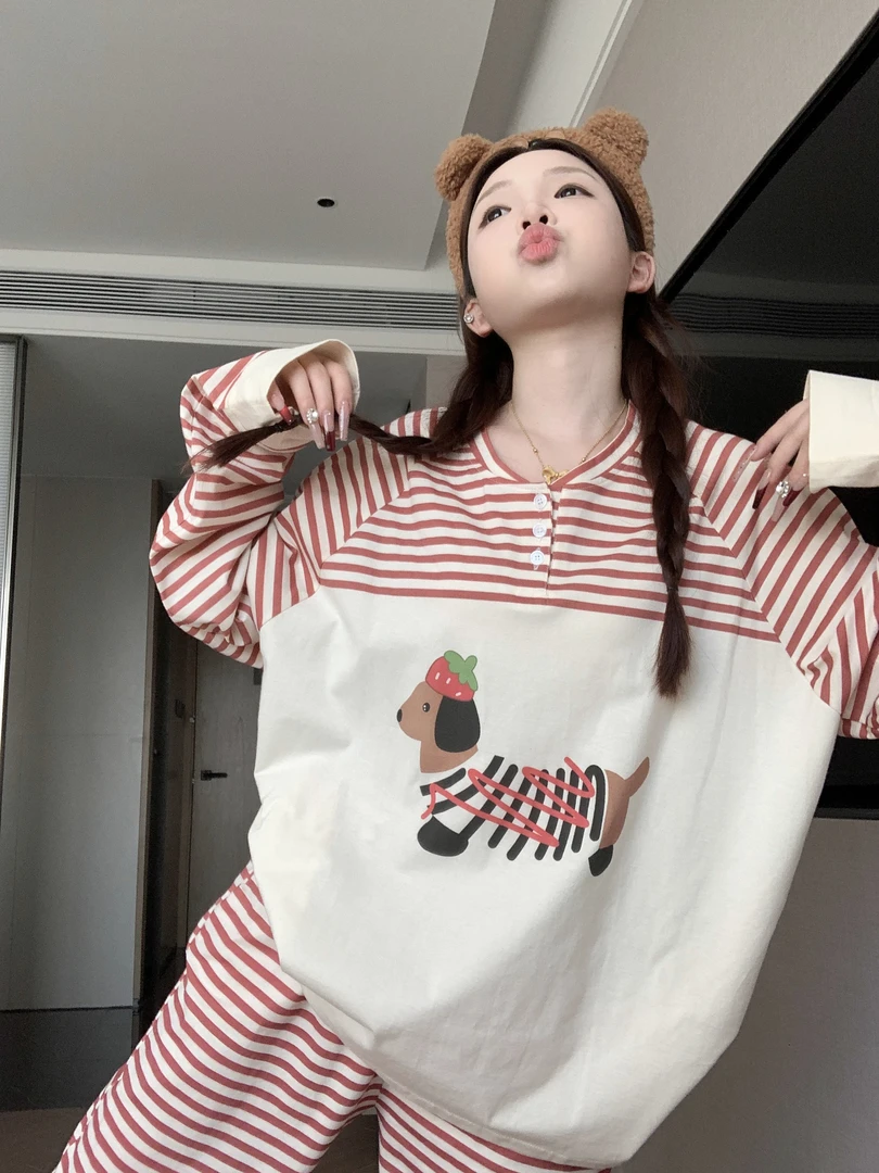 长袖睡衣女春秋款2025网红新款可爱腊肠狗条纹家居服套装春季外穿
